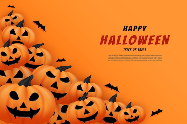 Vector happy halloween with pumpkins stacked with flying bats