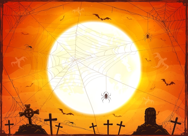 Happy halloween with spiders and bats on orange moon background