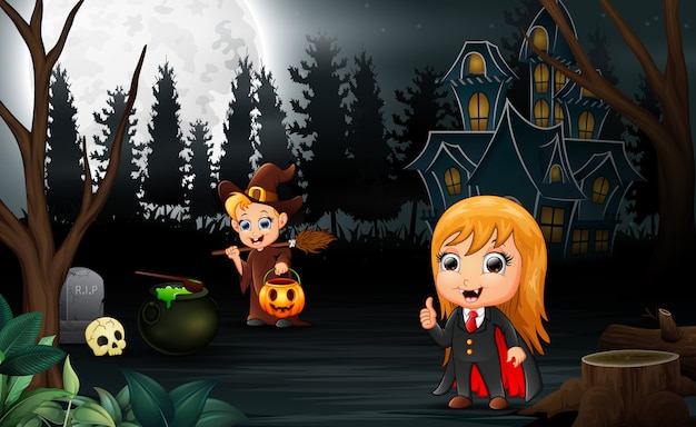 Happy halloween with vampire and witch cartoon