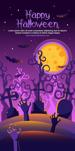 Happy Halloween with Zombie Hands at Night Bat Full Moon Tree and Graveyard Vector Flat Design