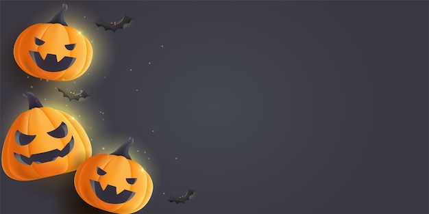 Happy halloween zwarte banner met illustratie van realistische pompoenen met gezichten