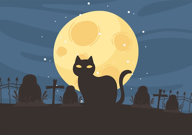 Happy halloween, zwarte kat begraafplaats grafstenen kruisen nacht maan trick or treat partij viering vectorillustratie