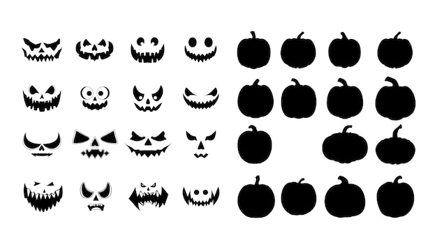 Vettore happy halloweenset di silhouette diverse di emozione del viso di zucca