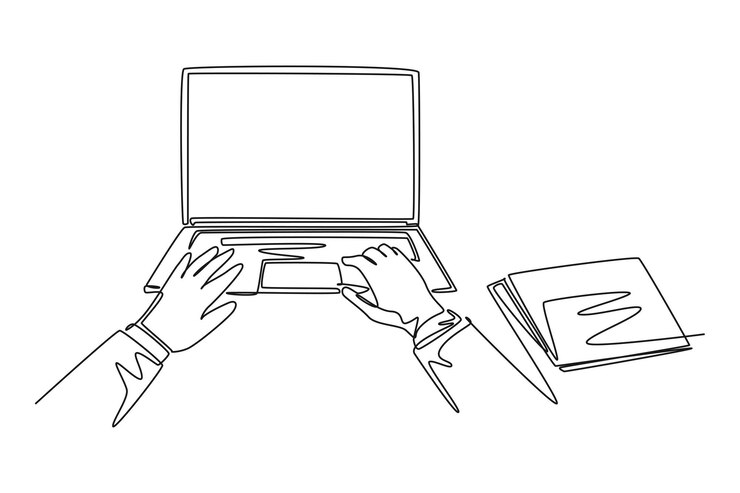 Vector happy hands are seen typing on a laptop office employees work work and business minimalist concept lifestyle at city work life balance