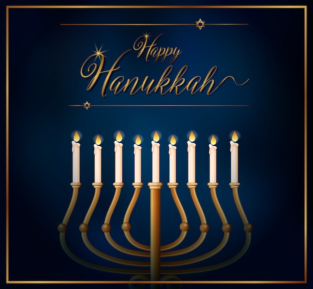 Vettore modello di carta felice hannukkah con candele su sfondo blu