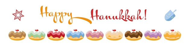 Happy Hannyka greeting card with traditional jello donuts and snowy background vector illustration