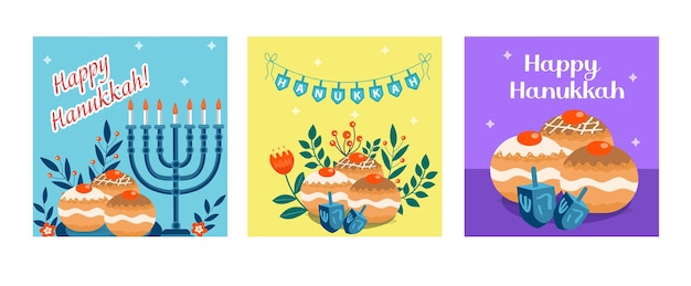 Vector happy hanukkah banner, template for your design. hanukkah is a jewish holiday. greeting card with menorah, sufganiyot, dreidel. vector illustration
