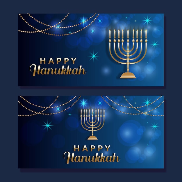 Vector happy hanukkah in blue and gold color horizontal banner illustration set