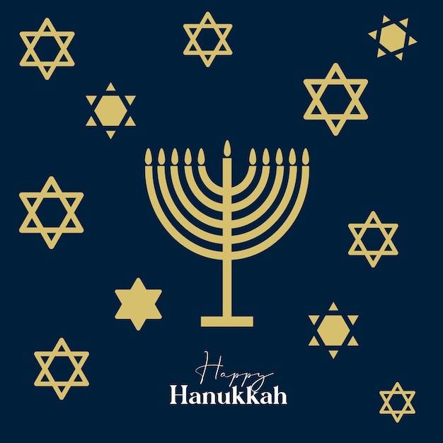 ハヌカのユダヤ教の祝日のための青い色の背景に金のシンボルと幸せなハヌカ カード デザイン