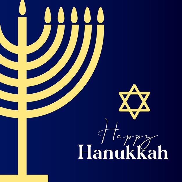 Happy Hanukkah card design with gold symbols on blue color background for Hanukkah Jewish holiday