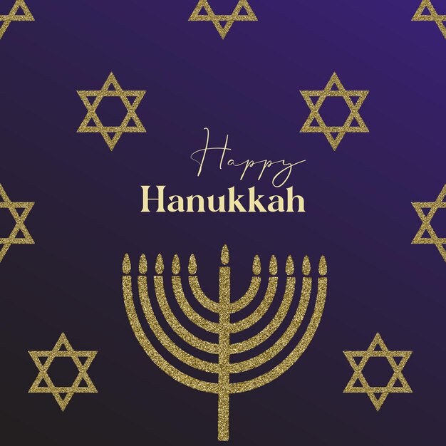 하누카 유대인 휴일을 위한 파란색 배경에 금색 기호가 있는 해피 하누카 카드 디자인