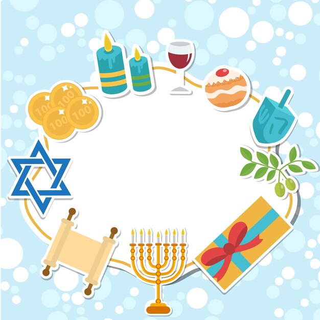 happy hanukkah card, template for text, frame. hanukkah is a jewish holiday. greeting card with menorah, sufganiyot, dreidel. vector illustration