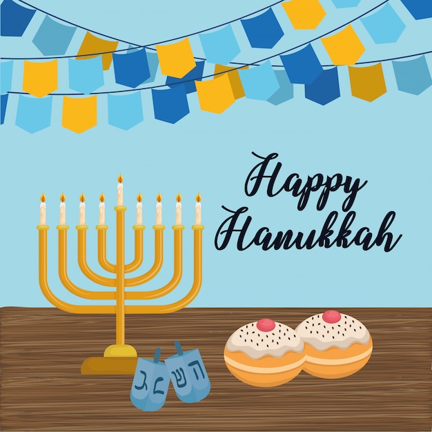 Vector happy hanukkah card with chandelier