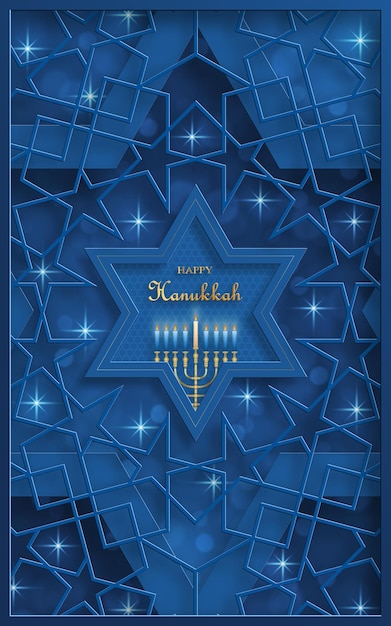 Carta felice di hanukkah con simboli simpatici e creativi su sfondo colorato per la festa ebraica di hanukkah