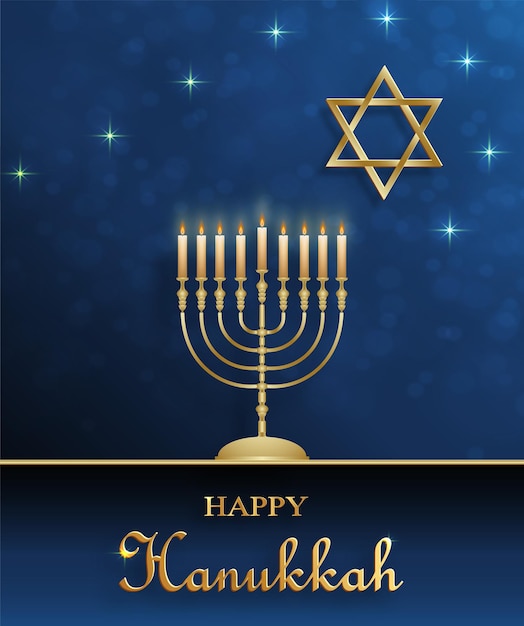 Happy hanukkah card with nice and creative symbols and gold\
paper cut style on color background for hanukkah jewish holiday\
(translation : happy hanukkah day, hag hahanukka)