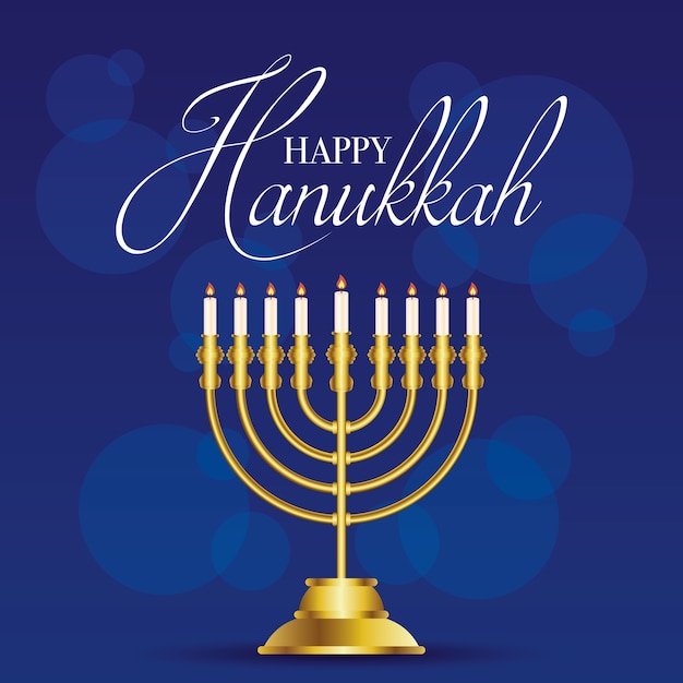 Happy hanukkah celebration card with golden chandelier