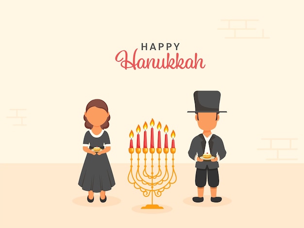 Happy hanukkah celebration concept with illuminated candelabra and faceless israel young couple holding jelly donut in traditional attire