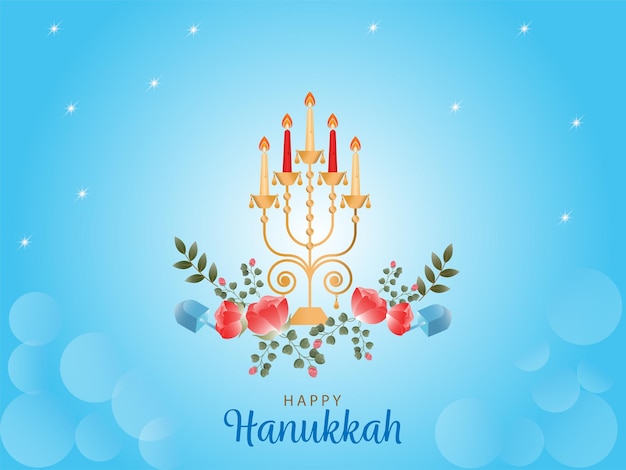 Concetto felice di celebrazione di hanukkah con i candelabri accesi dreidels rose fiori foglie decorate su fondo blu lucido