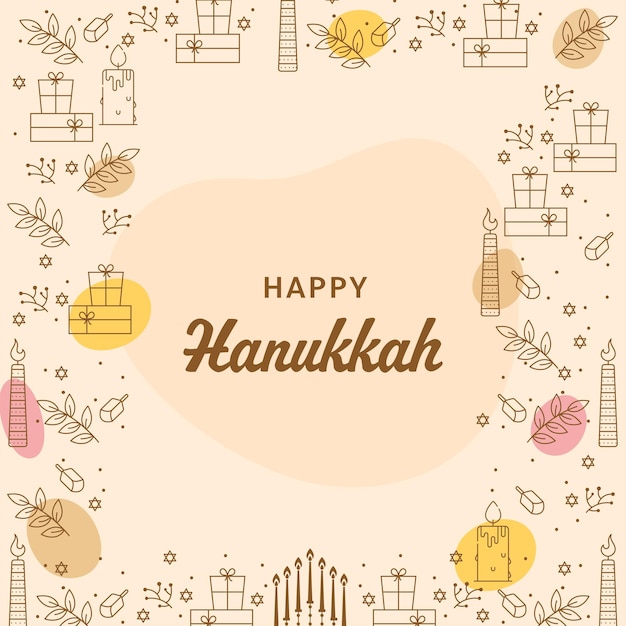 Happy Hanukkah Celebration Greeting Card With Doodle Festival Elements Decorated On Beige Background