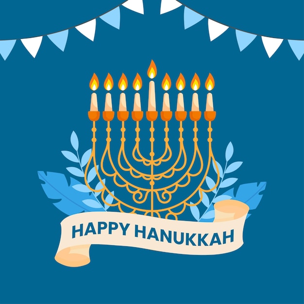 Happy hanukkah celebration wenskaart met verlichte kandelaar bladeren en bunting vlaggen op blauwe achtergrond