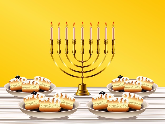 Felice festa di hanukkah con lampadario dorato e ciambelle dolci