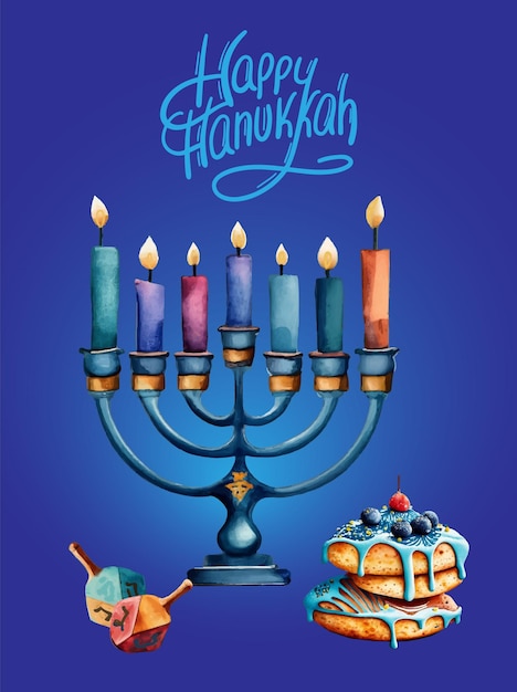 Happy Hanukkah colorful card with menorah Latkes Dreidel lettering Vector watercolor style