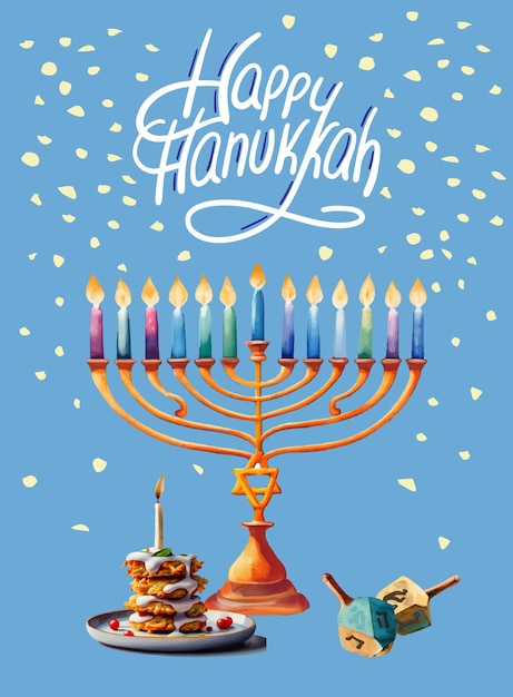 Happy Hanukkah colorful card with menorah Latkes Dreidel lettering Vector watercolor style