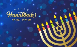 向量光明节快乐优雅的文字,黄金烛台。蓝色背景。犹太人文本——hanukka快乐。