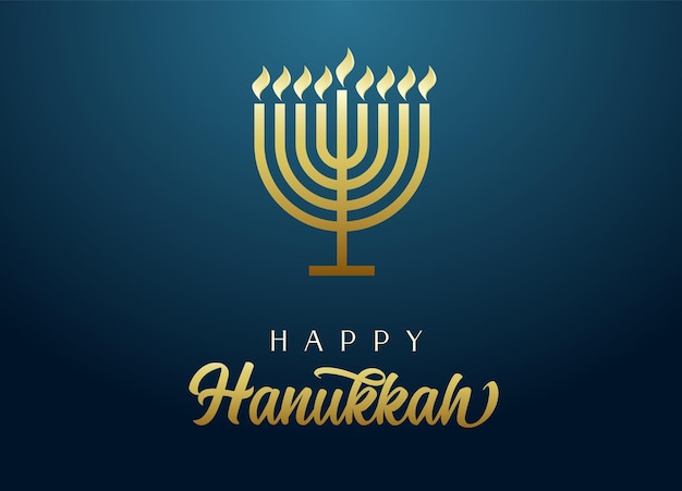 Felice hanukkah menorah d'oro con scritte, idea di biglietto di auguri. candela religiosa ebraica e fiamme