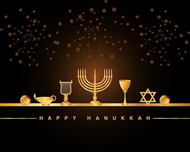 Happy hanukkah greeting card, golden menorah harp star cup lamp and coins