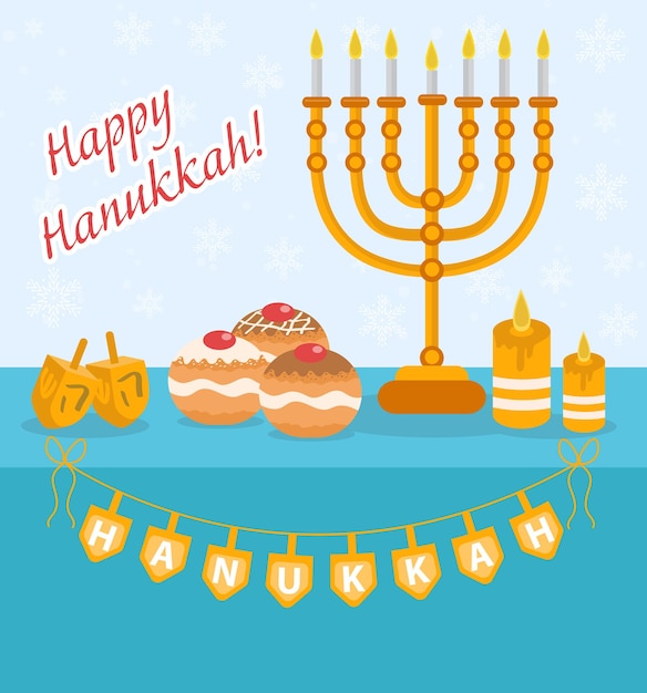 Happy Hanukkah greeting card, invitation, poster. Hanukkah Jewish Festival of Lights, Feast of Dedication. Hanukkah Greeting Card with Menorah, Sufganiyot, Dreidel. Vector illustration