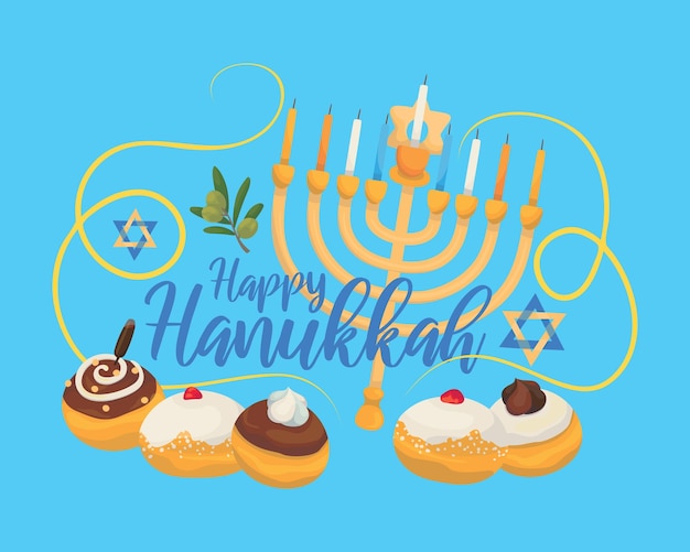Vettore cartolina d'auguri o cartolina happy hanukkah, progettata con scritte e simboli delle vacanze disegnati a mano.