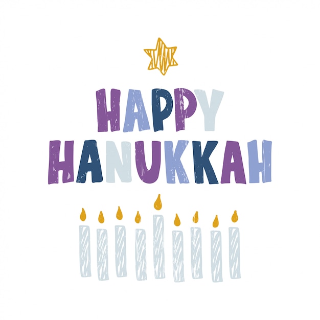 Happy hanukkah hand drawn lettering with star david and candle. jewish holiday typography design.   illustration.