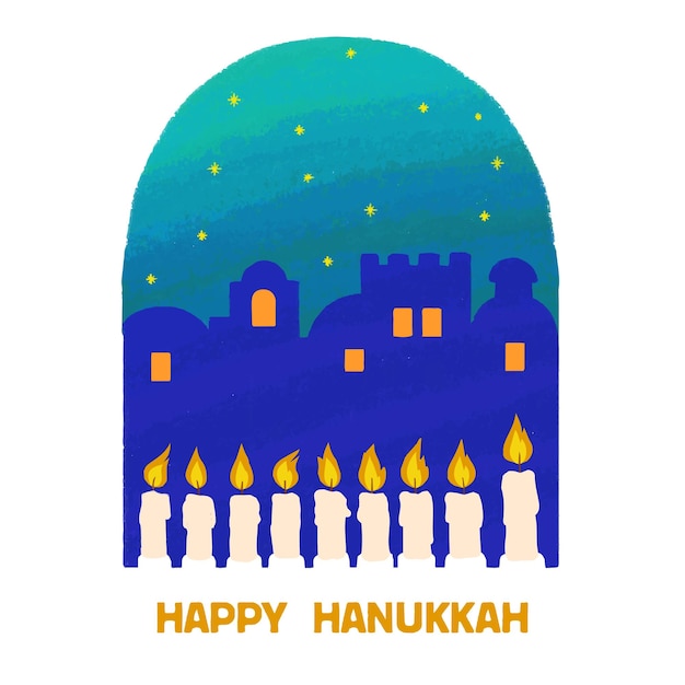Happy Hanukkah illustration of menorah with candles.