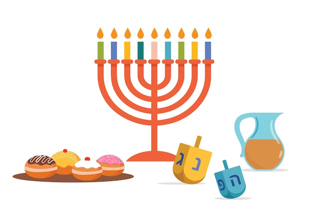 Vector happy hanukkah, jewish festival of lights background for greeting card, invitation, banner with jewish symbols as dreidel toys, doughnuts, menorah candle holder.