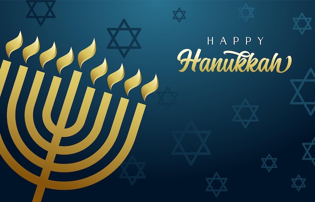Счастливой Хануки, еврейского праздника огней, праздничного синего фона с менорой, золотыми огнями.