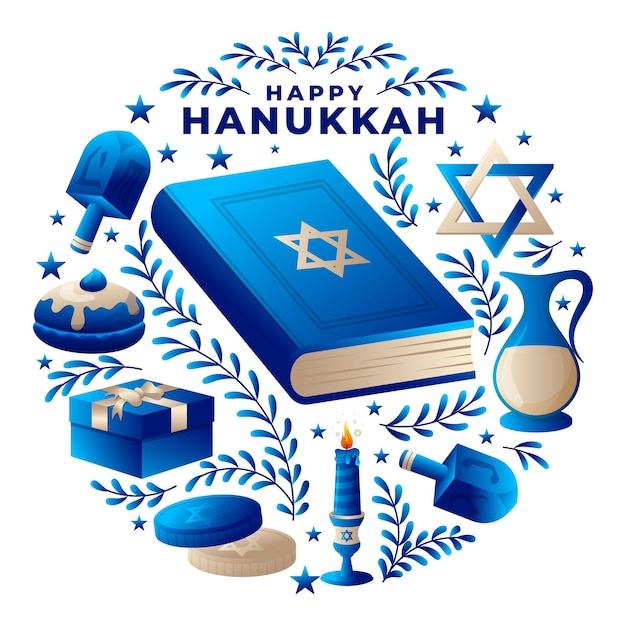 伝統的なシンボルを使った幸せなハヌカのユダヤ人の休日のイラスト