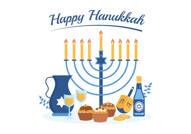 Happy hanukkah jewish holiday template hand drawn cartoon flat illustration with traditional symbols