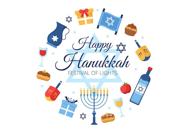 Happy hanukkah jewish holiday template hand drawn cartoon flat illustration with traditional symbols