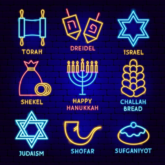 Vettore set di etichette happy hanukkah. illustrazione vettoriale di promozione ebraica.