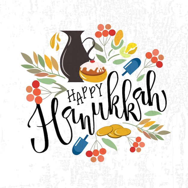 Happy hanukkah lettering typography счастливый ханукальный плакат с цветами, монетами, пончиком и травами ханука ...