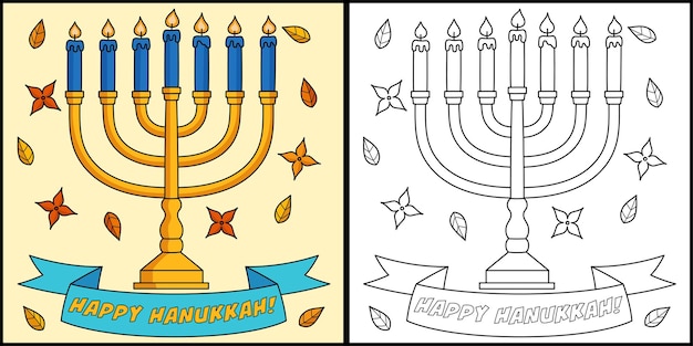 Vettore felice hanukkah menorah pagina da colorare illustrazione