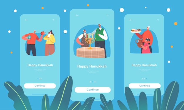 Happy hanukkah mobile app page onboard screen template family with kids celebrating jewish festival of lights parents and children lighting candles on menorah concept cartoon vector illustration