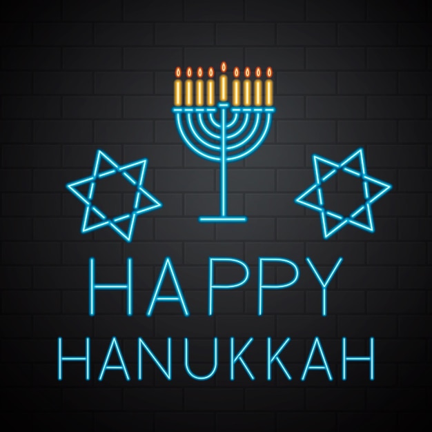 Banner al neon happy hanukkah con scritte e candela menorah su sfondo muro di mattoni festa ebraica festival delle luci modello vettoriale facile da modificare per volantino invito poster biglietto di auguri