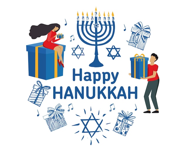 Gente felice di hanukkah con i regali