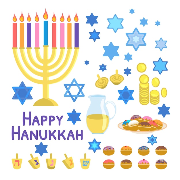 Vettore felice hanukkah impostare illustrazione vettoriale isolato su sfondo bianco