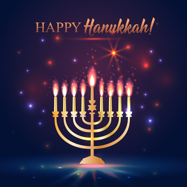 Vector happy hanukkah shining background with menorah, david star and bokeh effect.