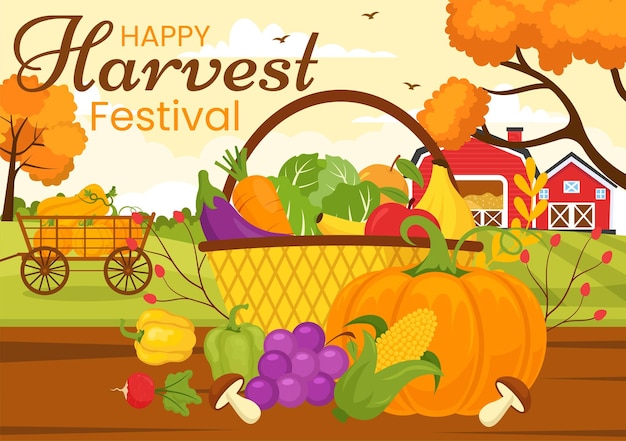 Happy Harvest Festival Vector Illustration of Autumn Season Background with Pumpkins Flat Cartoon