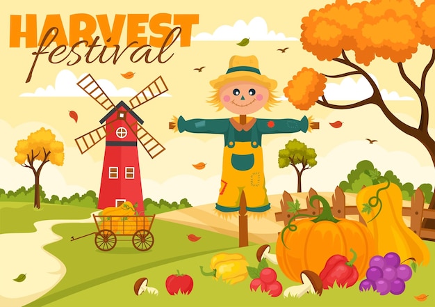 Happy Harvest Festival Vector Illustration of Autumn Season Background with Pumpkins Flat Cartoon