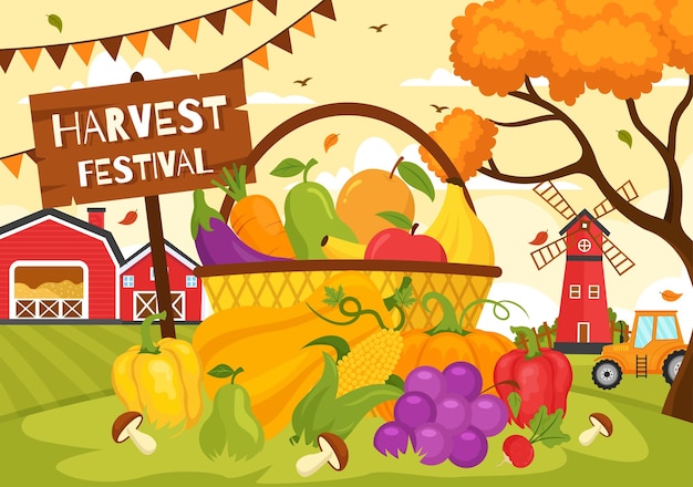 Vector happy harvest festival vectorillustratie van herfst seizoen achtergrond met pompoenen platte cartoon